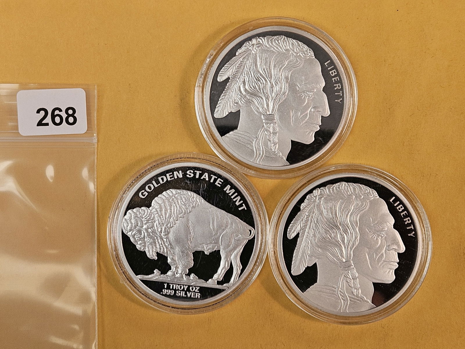 Three 1-troy ounce .999 fine silver proof art rounds: Buffalo 
