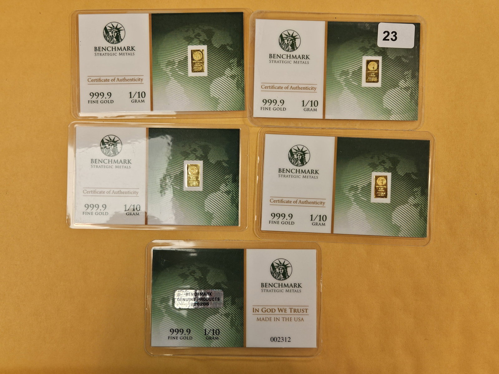 GOLD! Five One-tenth Gram .9999 fine gold bars: In original assay holders