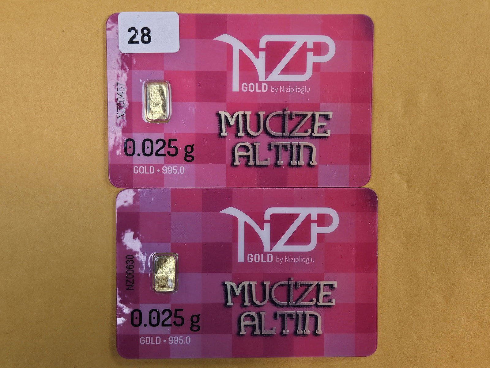GOLD! Two NZP .025 Gram .995 Gold Bars: From NZP refinery in Turkey. In original assay card holder