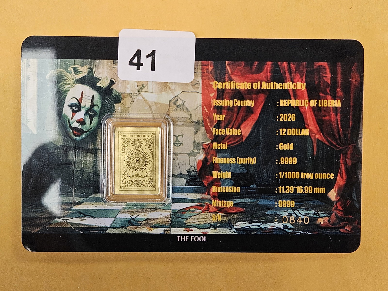 GOLD! GEM 2026 Republic of Liberia Gold 12 Dollars: The fool. .9999 fine gold. In Assay holder