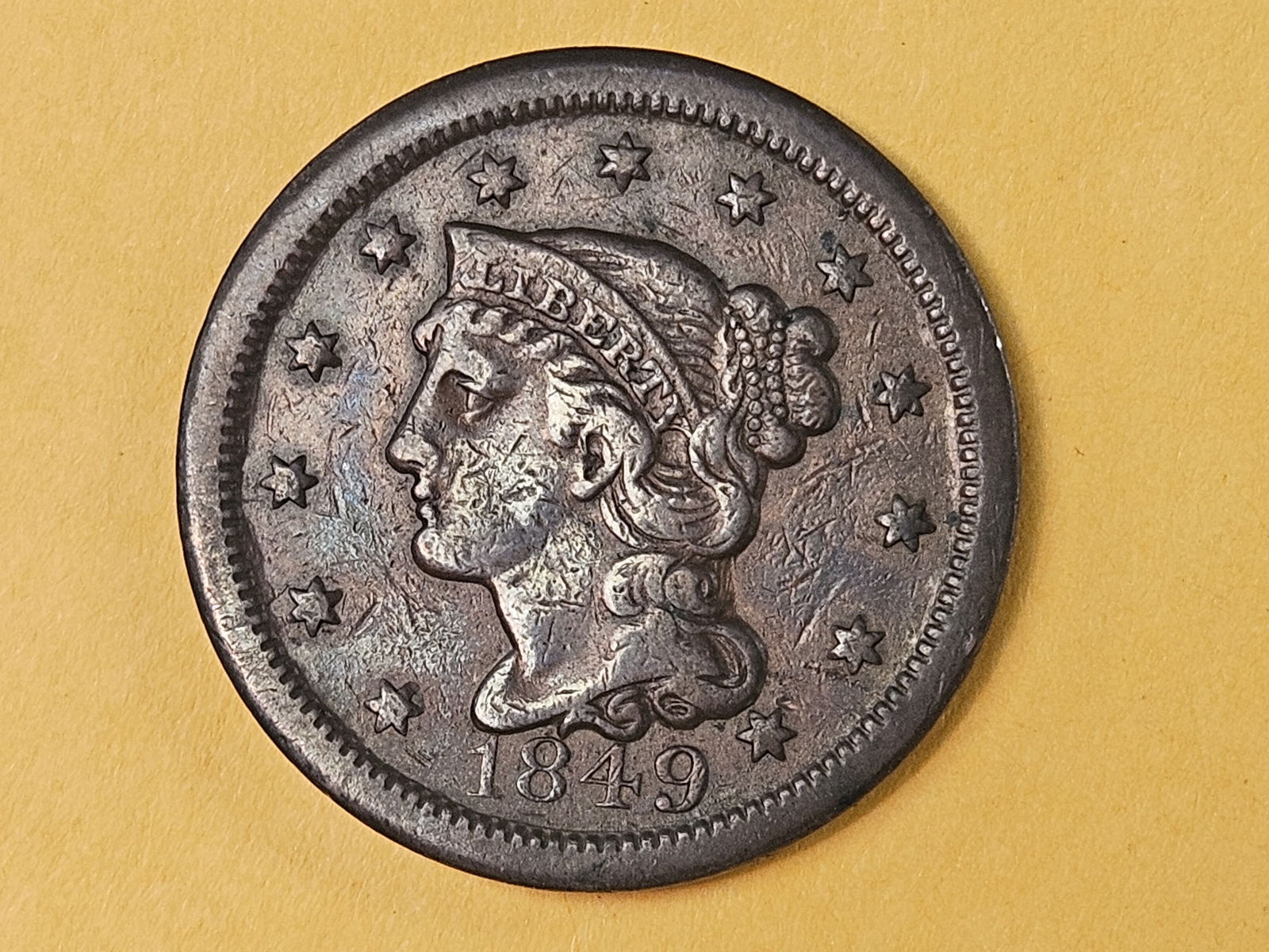 1849 Braided Hair large Cent in Very Fine plus - details: Light, older cleaning 