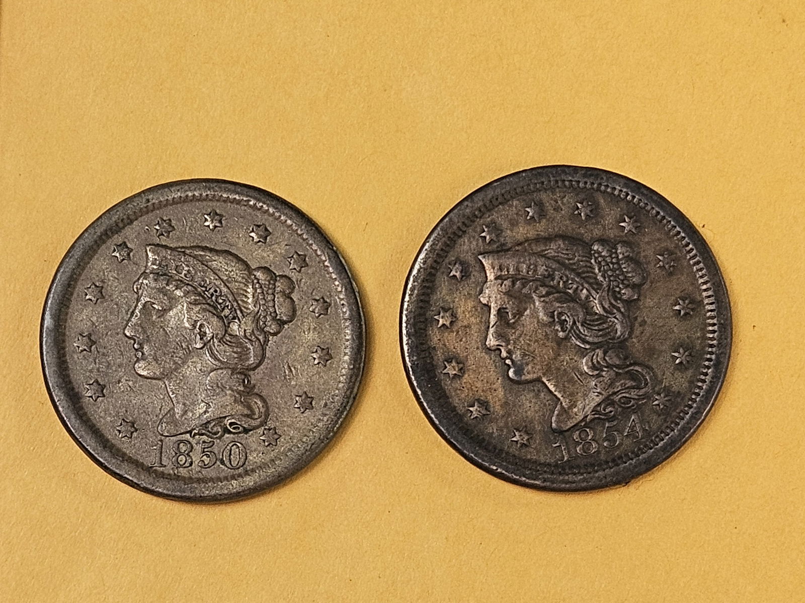 1850 and 1854 Braided hair Large Cents: Both in Very Fine Plus 