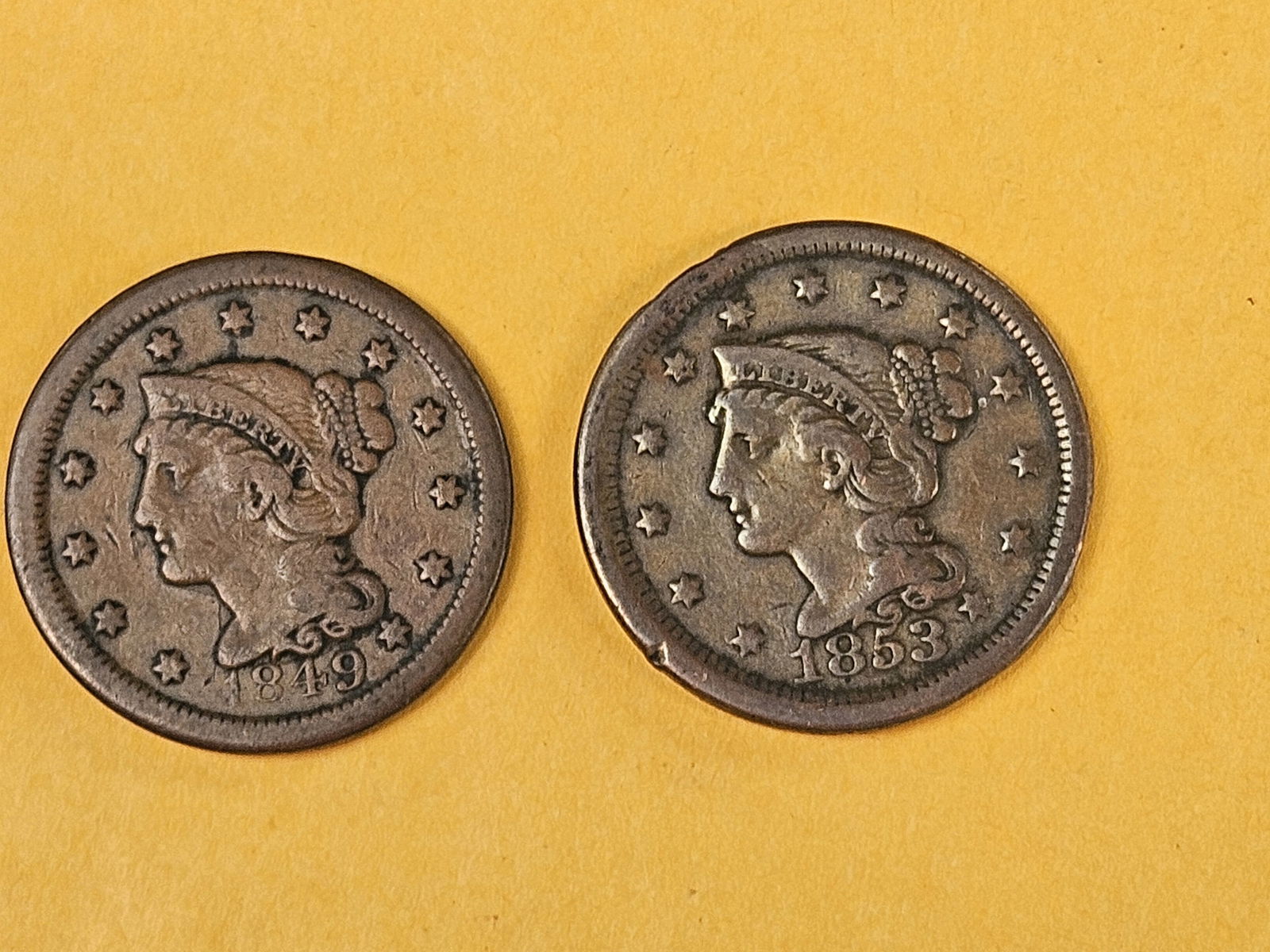 1849 and 1853 Braided Hair Large Cents: Both in Very Fine 