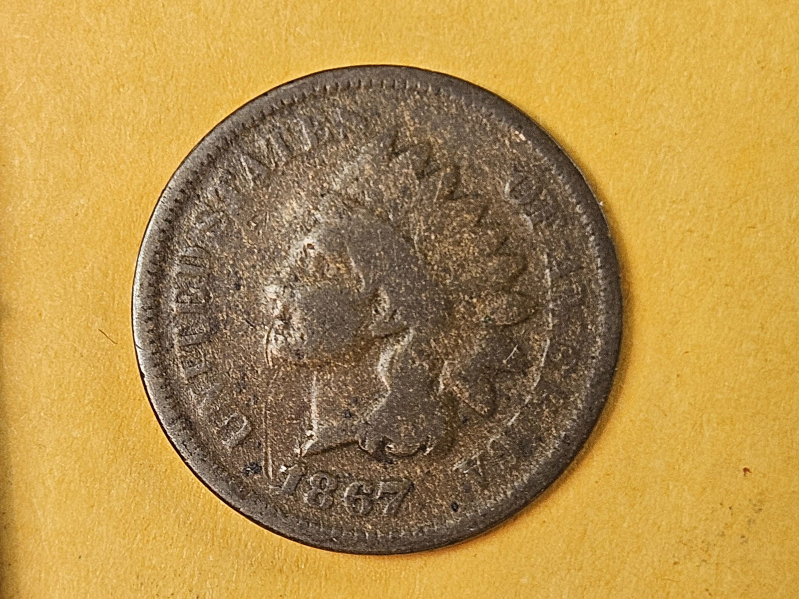 KEY VARIETY! 1867/67 Indian Cent: Fivaz-Stanton (OLD): FS-008. Snow: S-1. VarietyPlus: VP-001. Diagnostics: Numerals 67 were repunched south of the first impression.