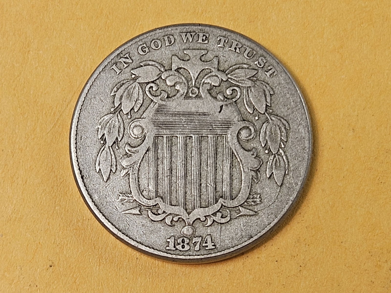 Better date 1874 Shield Nickel: In Very Fine