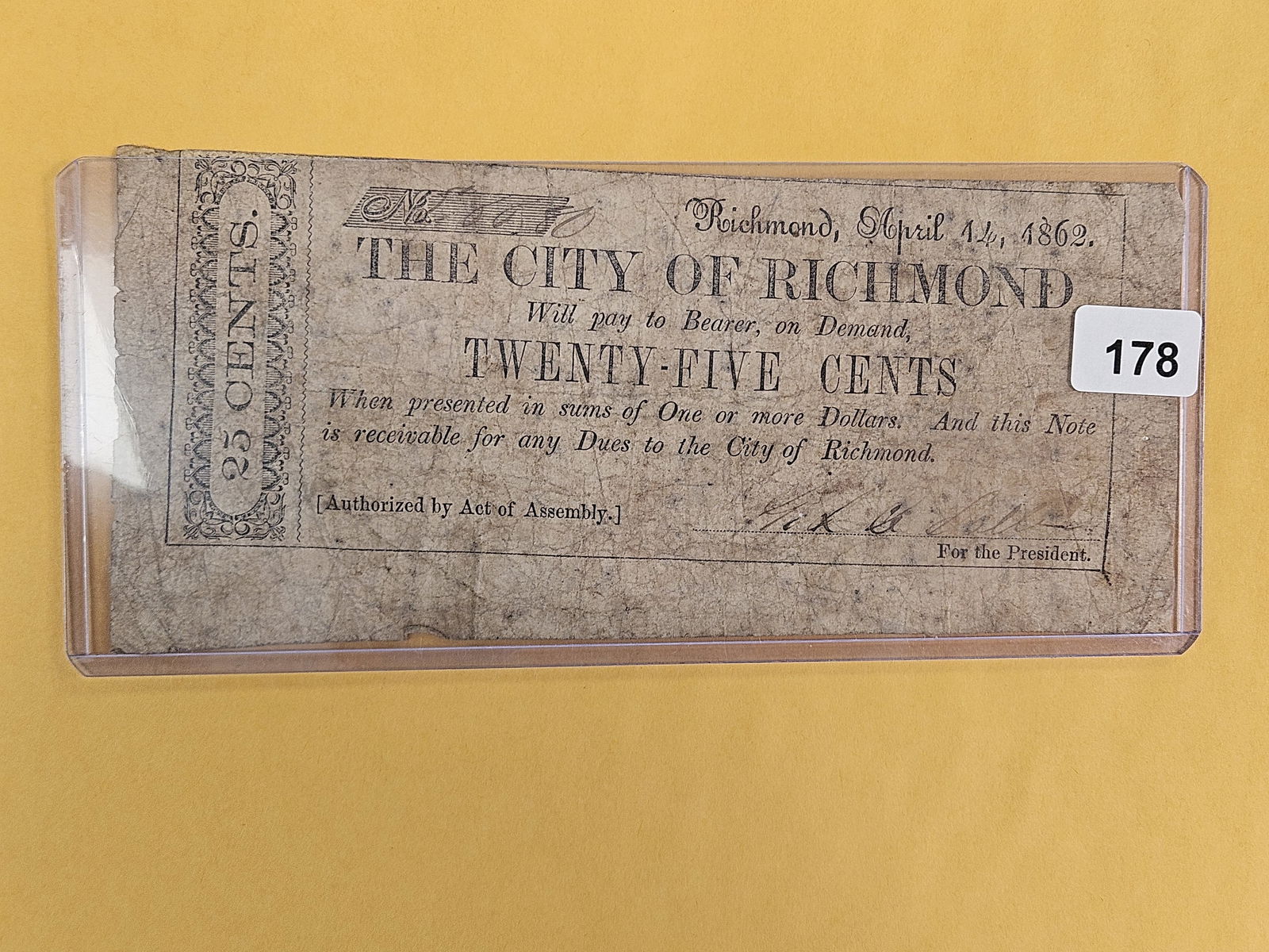 1862 City of Richmond Twenty-five cents note: Circulated 