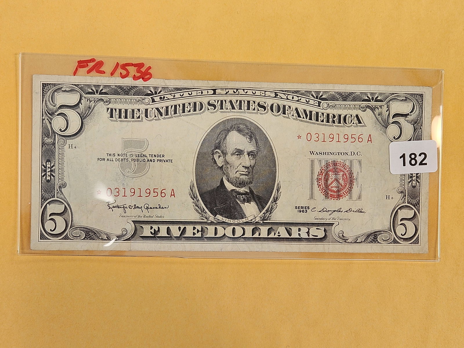 Series 1963 Five Dollar Red Seal US Note STAR Replacement: FR 1536. STAR 
