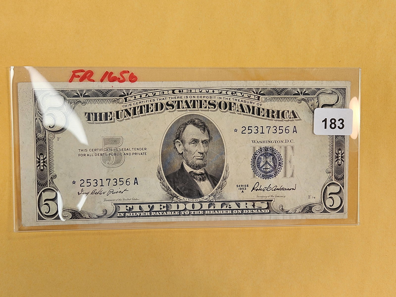 Series 1953-A Five Dollar Silver Certificate STAR Replacement: FR 1656. STAR!