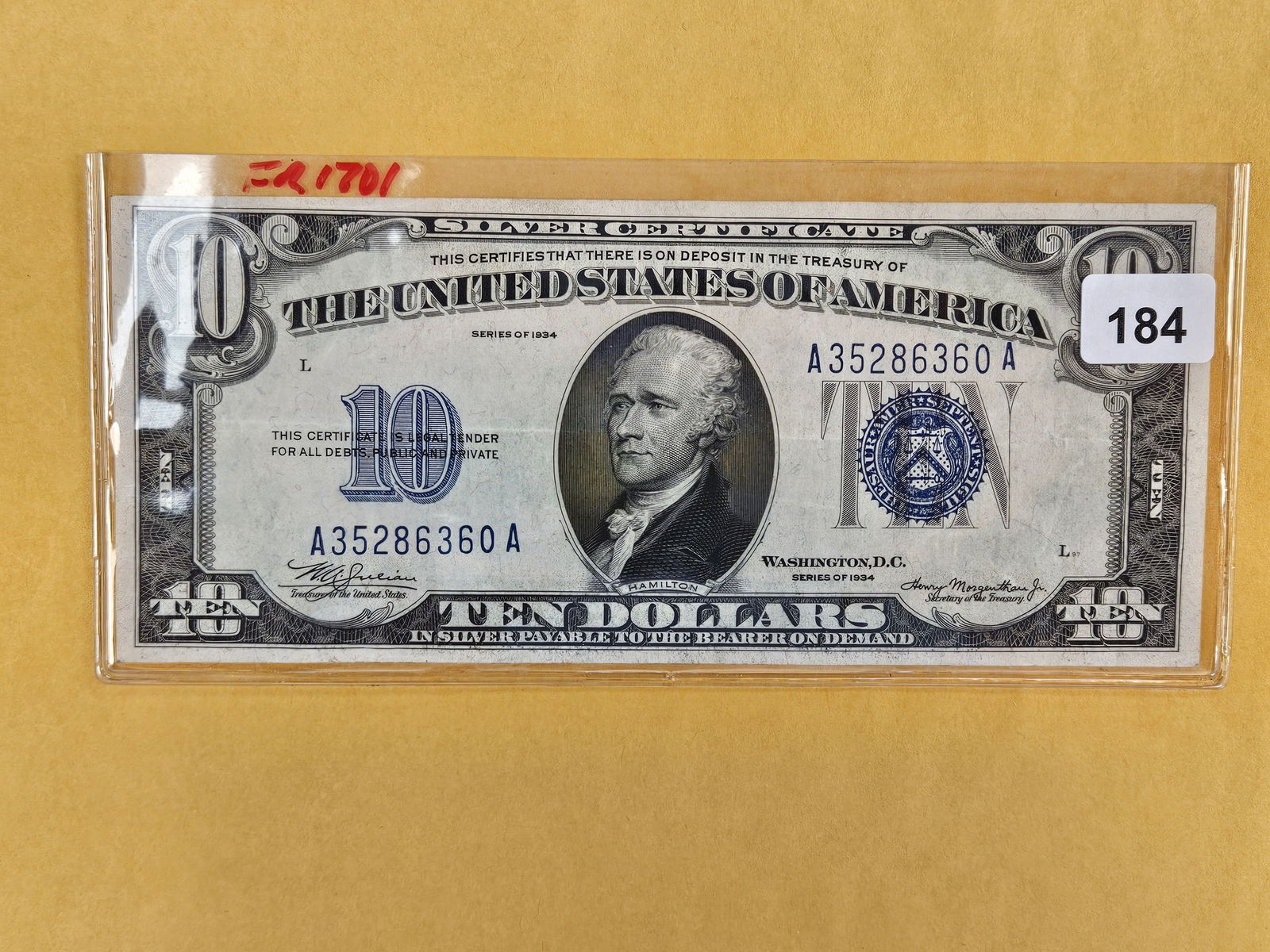 Series of 1934 Ten Dollar Silver Certificate in Crisp Extra Fine plus: FR 1701