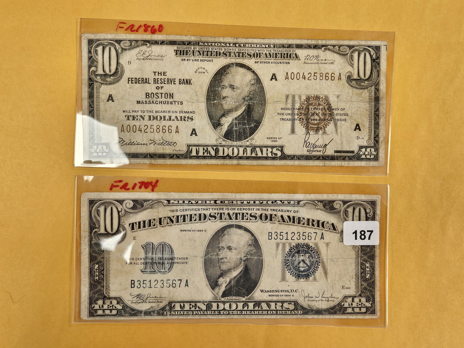Two $10 US Pieces: FR 1860 National Currency Boston and 1934-C Silver Cert 