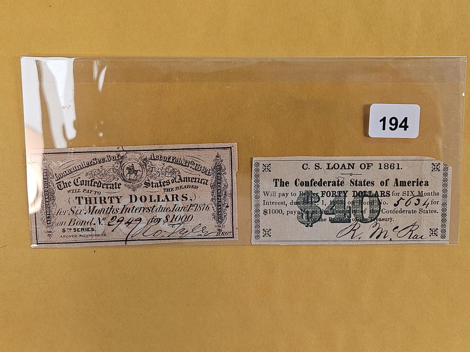 Two Crisp Confederate States of America Bond and Loan notes: Thirty and forty dollars 