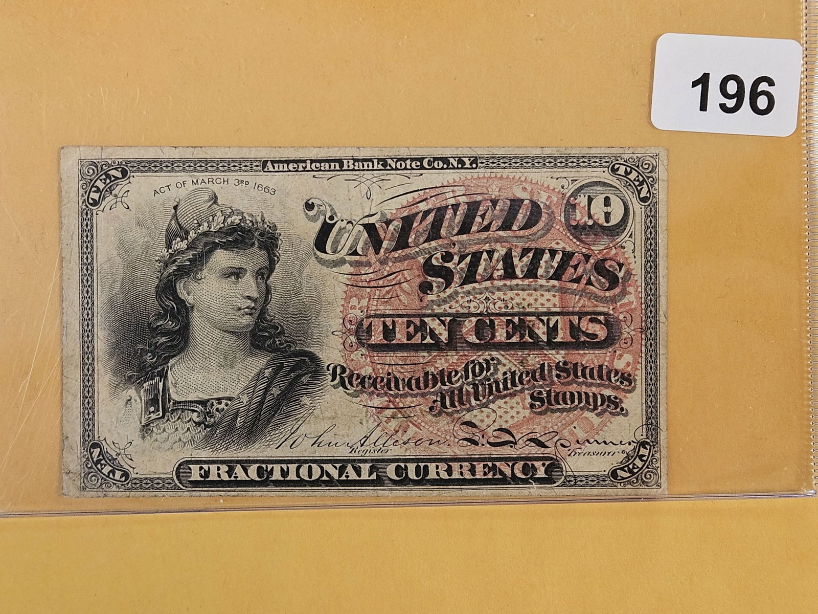 Series of 1863 US Ten Cent fractional Note: Great color 
