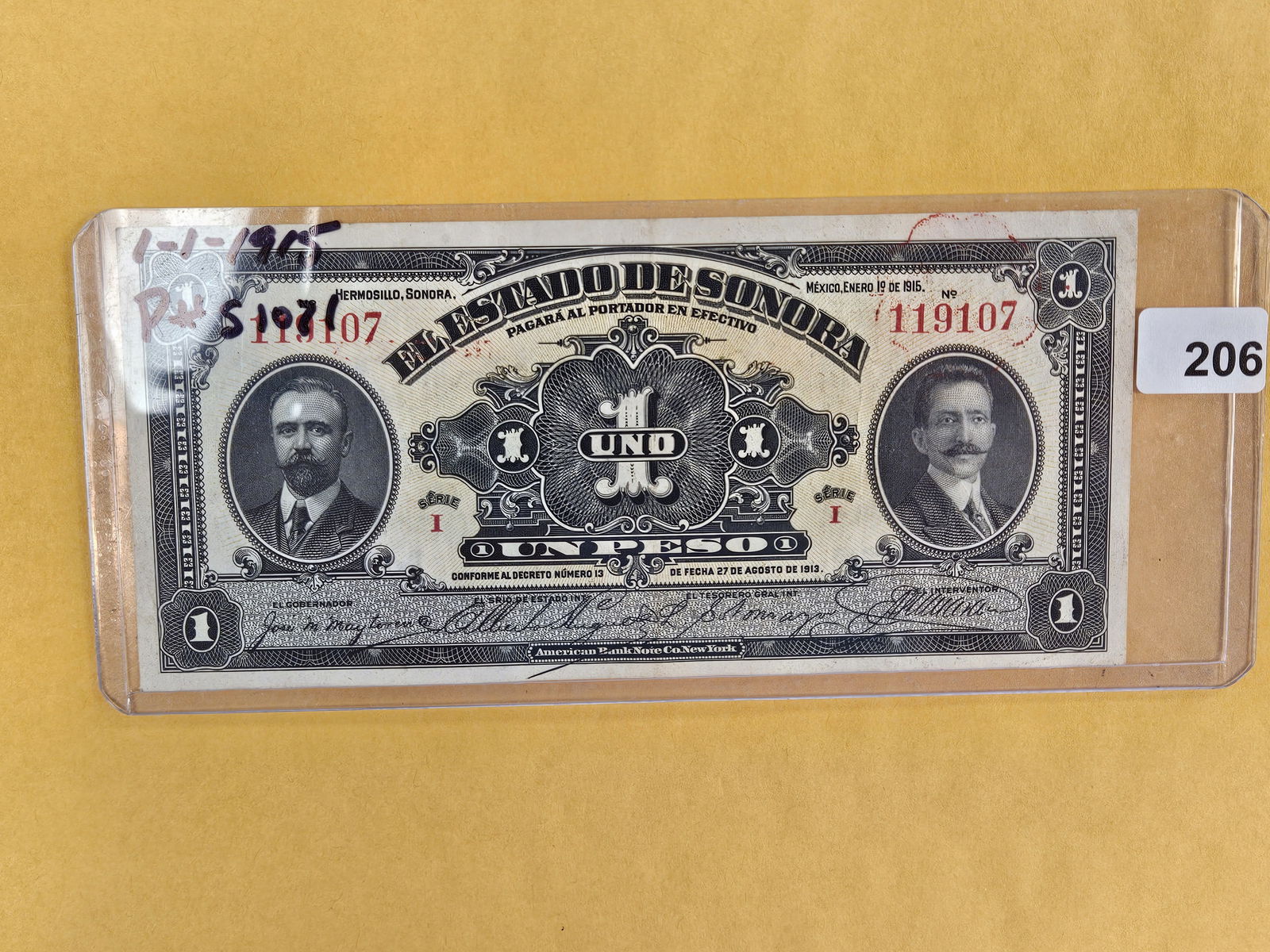 Crisp Uncirculated 1915 El Estado De Sonora Un Peso: Great Color and very sharp! Pick S-1071 