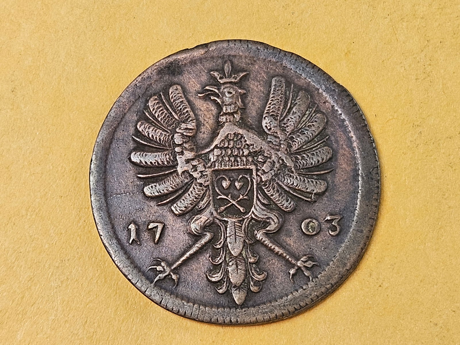 1703 County of Rietburg 4 pfennig: KM 99. Has nearly full detail 