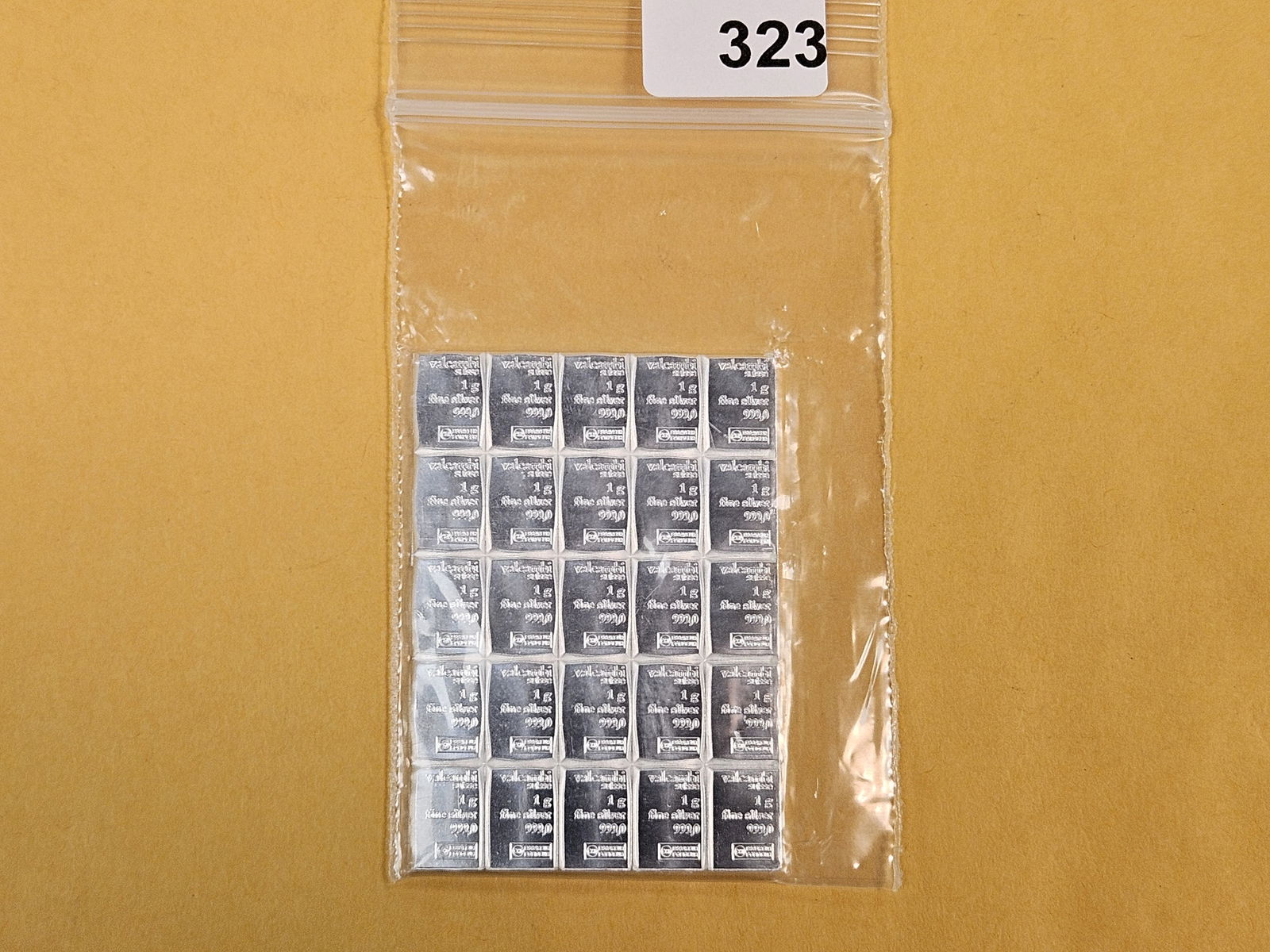 Twenty-five 1-gram .999 fine silver Valcambi bars: partial combi-bar. 25 grams of silver 