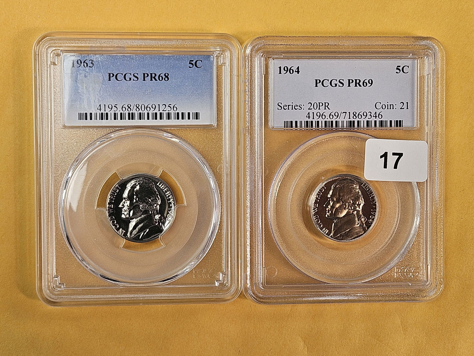 Two SUPERB GEM PCGS-graded Proof Jefferson Nickels: Both next to Top Pop! 1963 in Proof 68 and 1964 in Proof 69! 