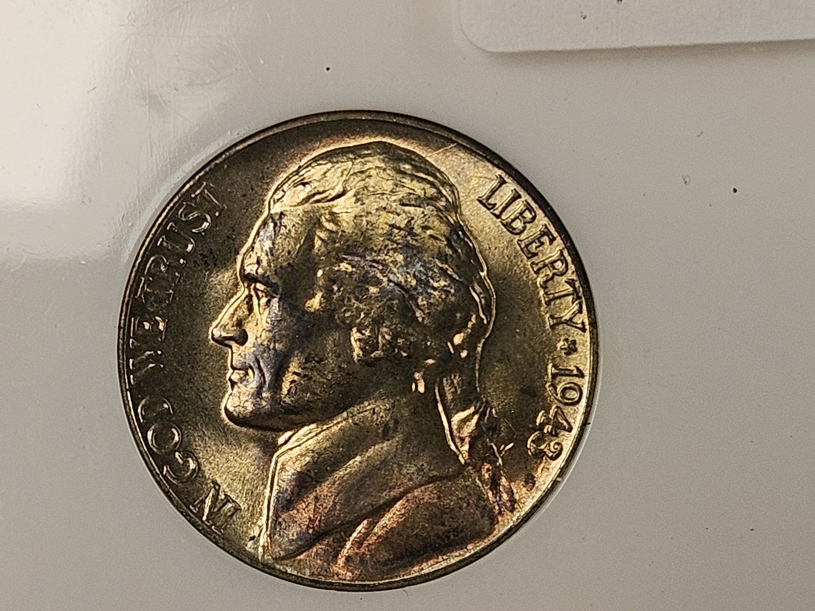 GEM! NGC 1943-D Silver Wartime Jefferson Nickel in Mint State 67: Old Fatty Holder. Got some cool, funky toning 