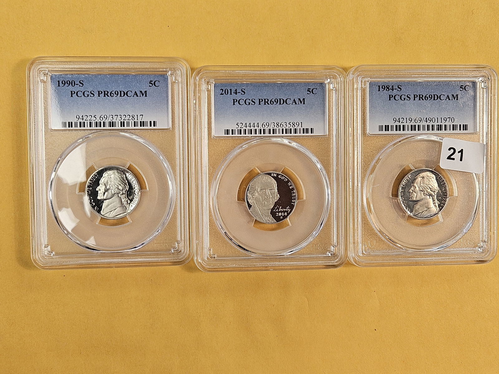 Three Near-Perfect, PCGS-graded, Proof Jefferson Nickels: All in Proof 69 Deep Cameo. 1990-S, 2014-S and 1984-S 