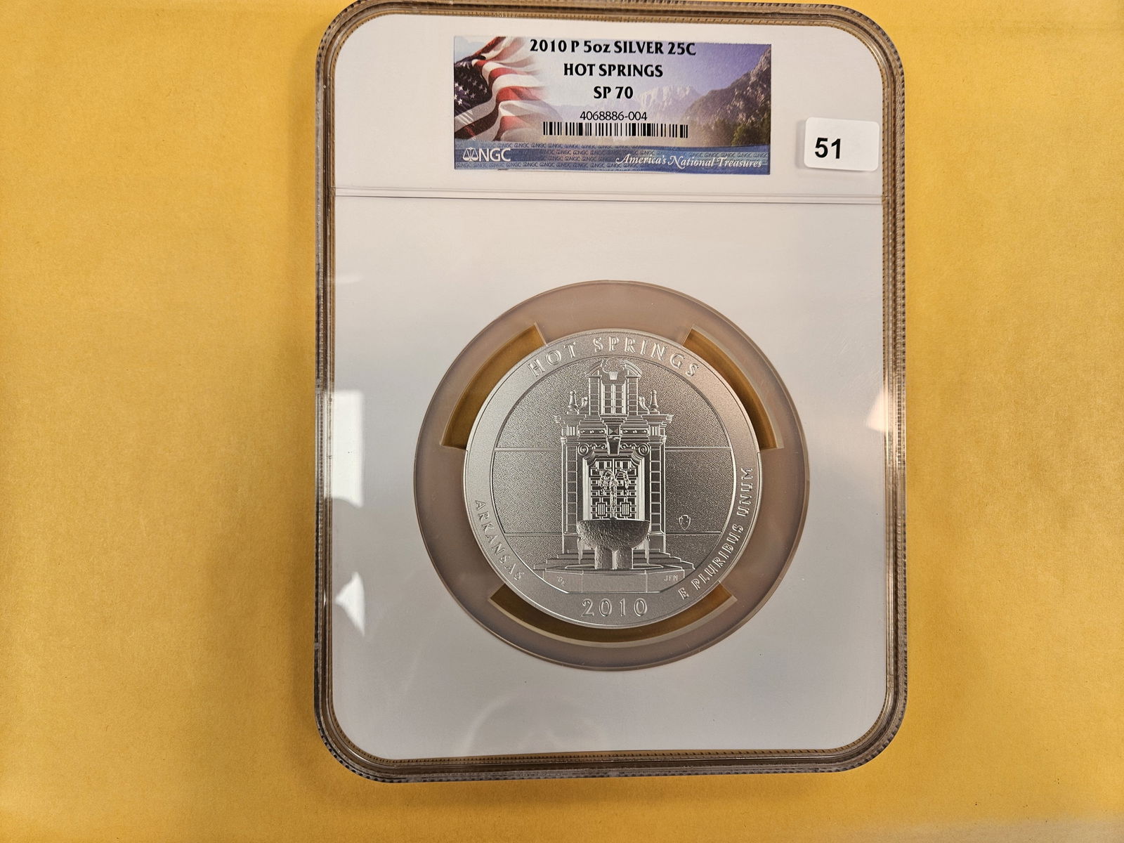 LARGE and PERFECT! NGC 2010-P FIVE OUNCE SILVER Washington Quarter in Specimen 70: PERFECT GRADE! Five Troy ounce .999 fine silver. Hot Springs 