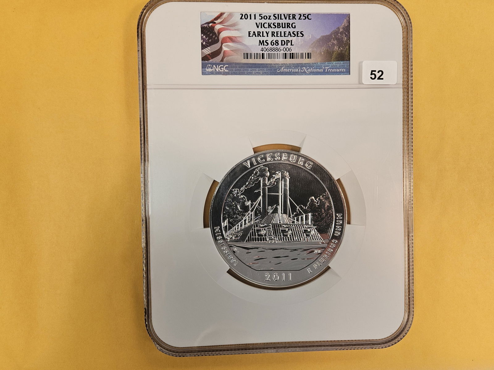 LARGE! NGC 2011 FIVE OUNCE SILVER Washington Quarter in Mint State 68 Deep ProofLike: Five Troy ounce .999 fine silver. Vicksburg. Early Releases 