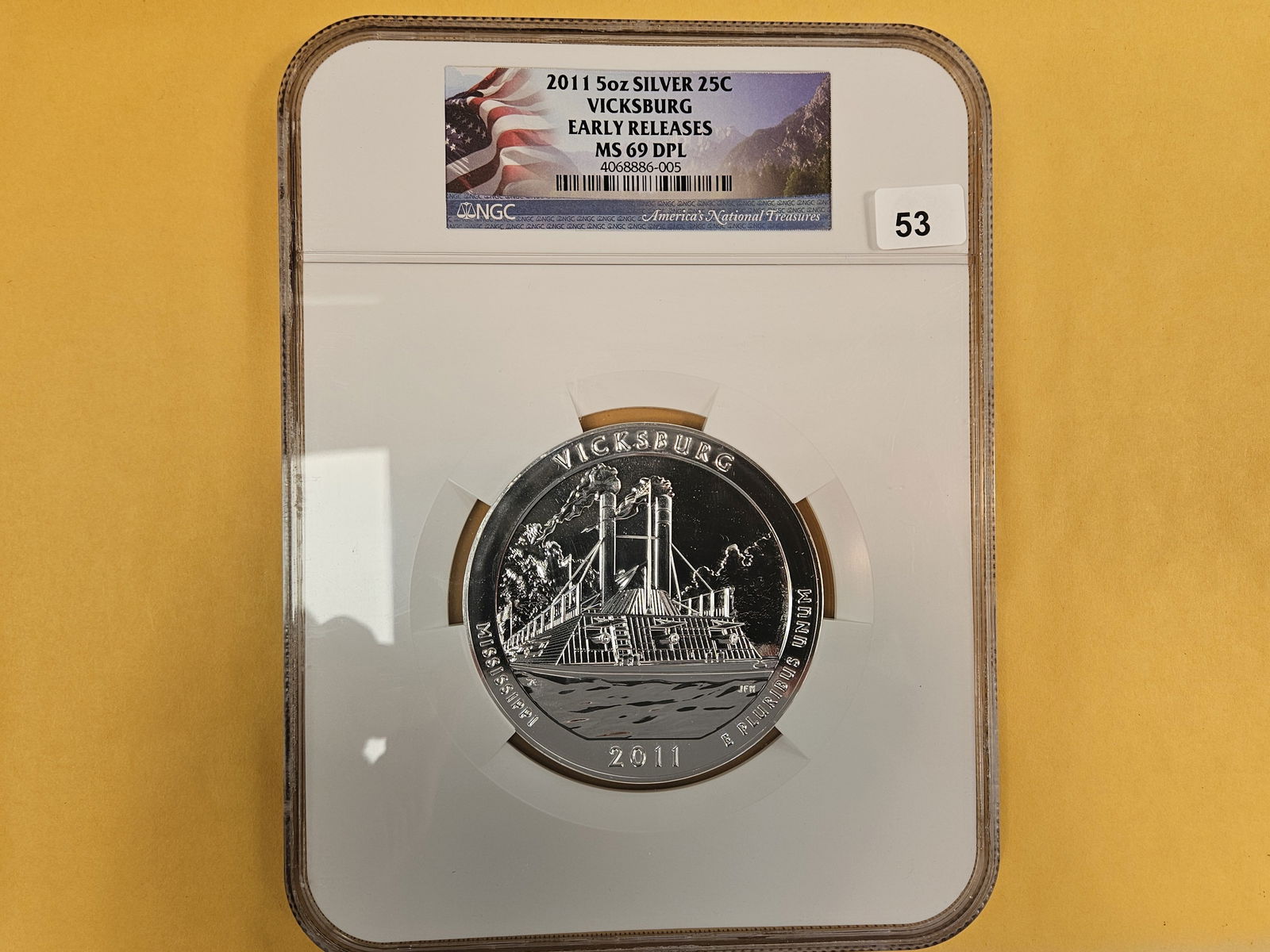 LARGE! NGC 2011 FIVE OUNCE SILVER Washington Quarter in Mint State 69 Deep ProofLike: Five Troy ounce .999 fine silver. Vicksburg. Early Releases 