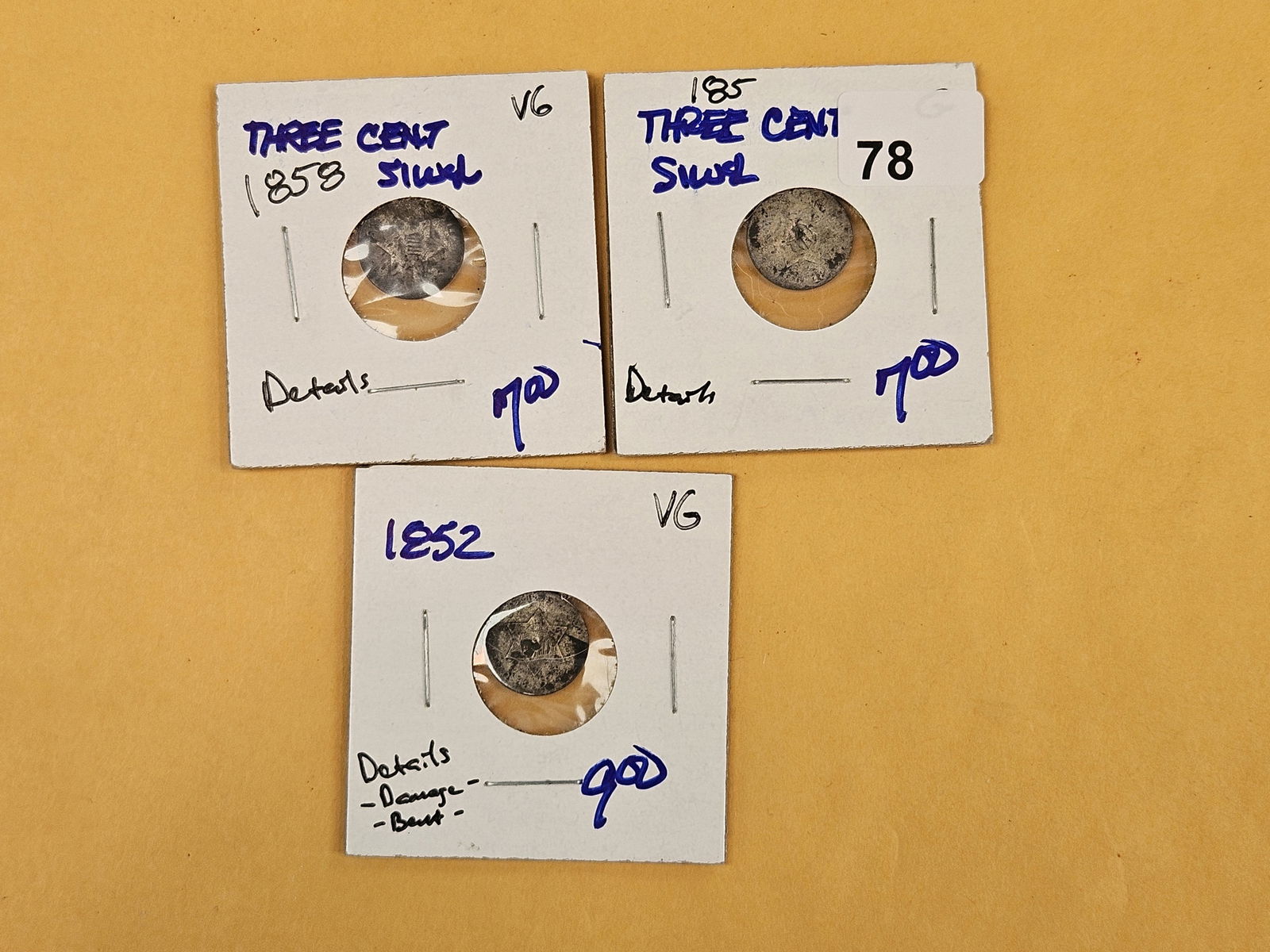 Three mixed 3-Cent Silver Trimes: 1858, 185_, and 1852 