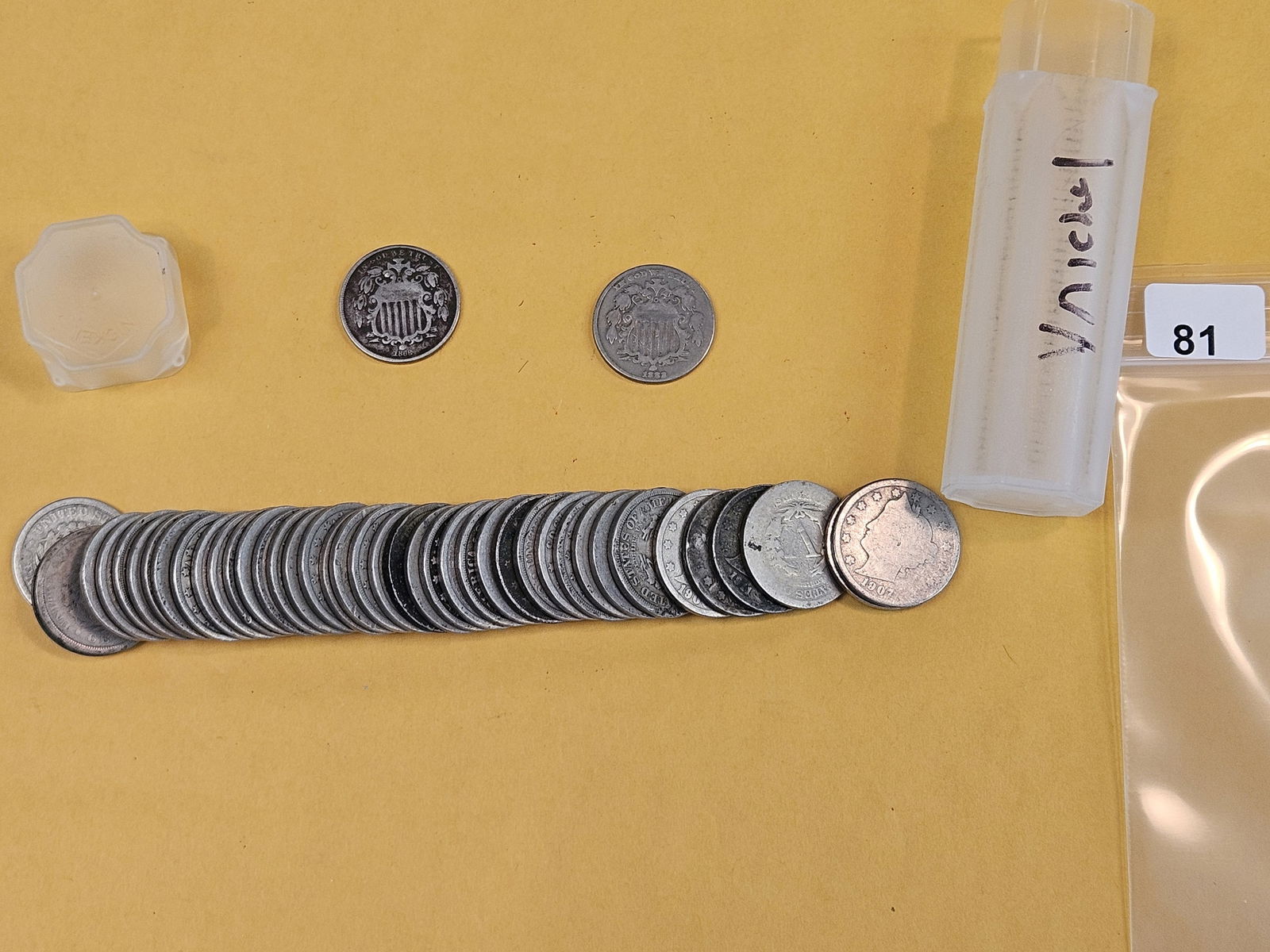 Shield and Liberty "V" Nickels: Roll of Liberty nickels (from consignor, unchecked by us, probably all lower grade) and 2 shield nickels 