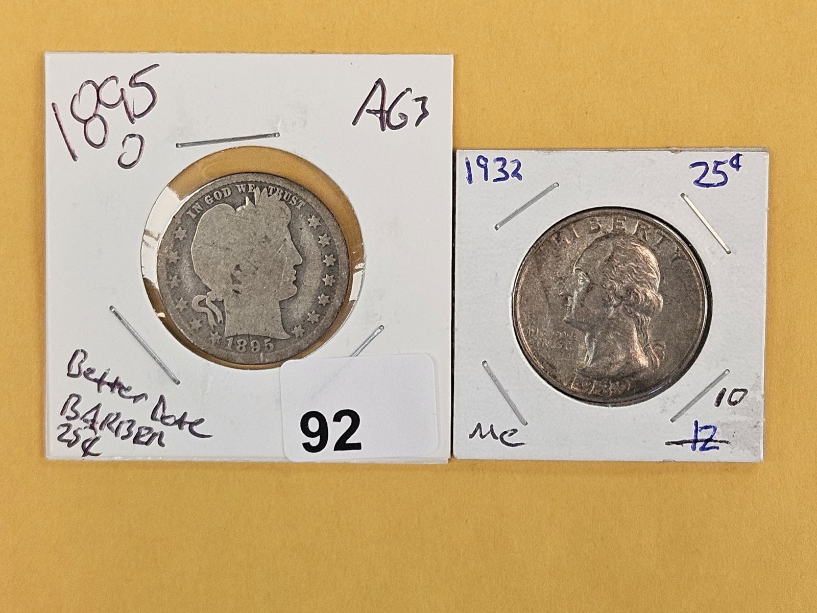 Two better date, mixed, silver, Quarters: 1895-O Barber and 1932 Washington 