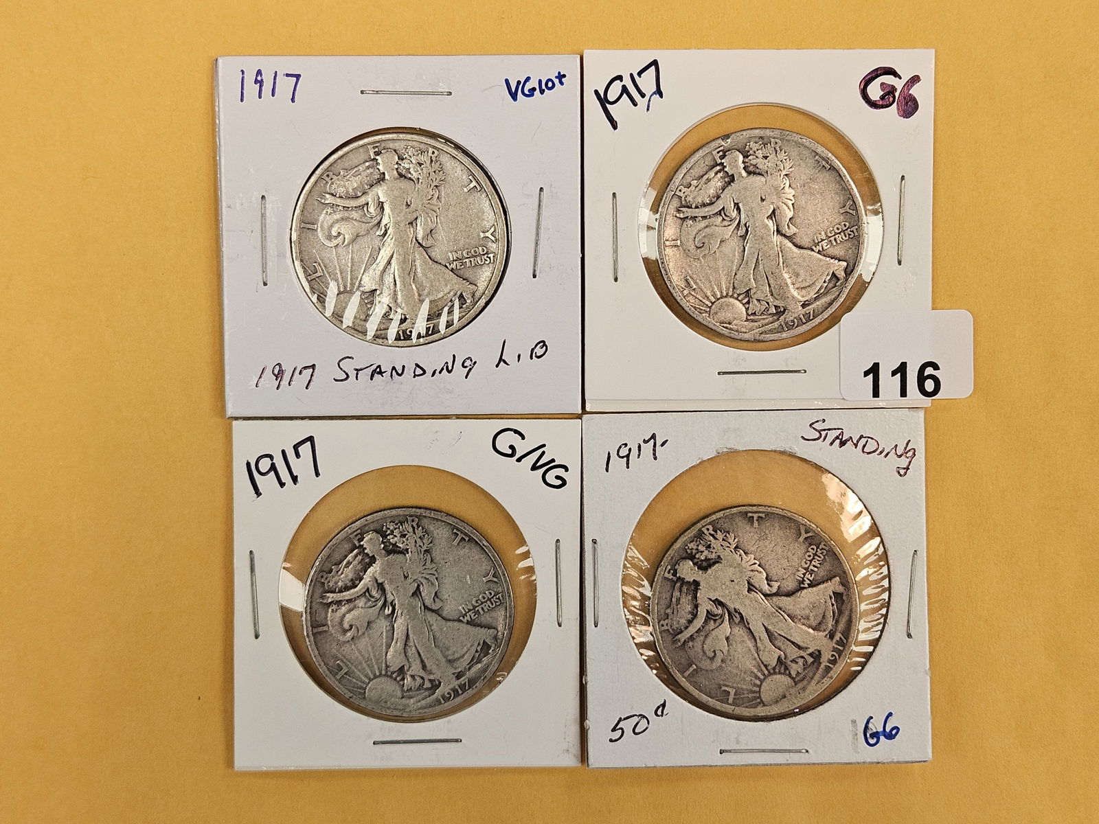 Four 1917 Walking Liberty silver Half Dollars: Good to Very Good 