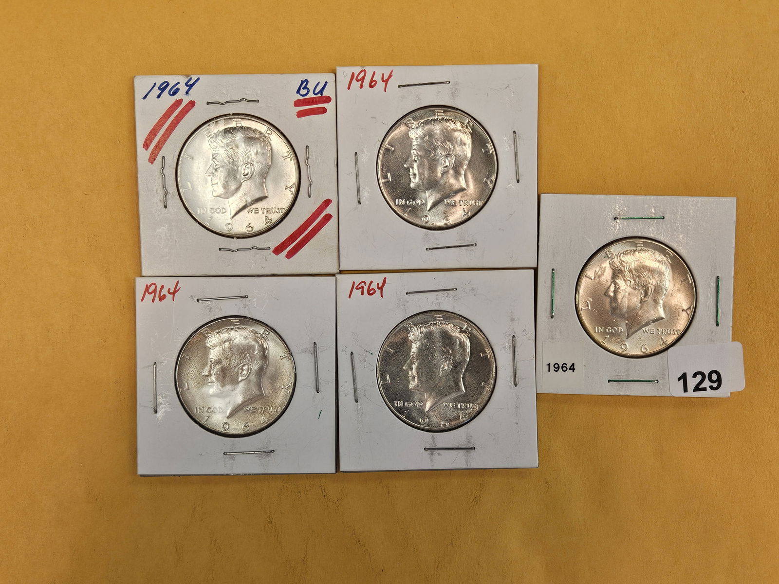 Five Brilliant Uncirculated 1964 Kennedy silver Half Dollars: All 90% silvers 
