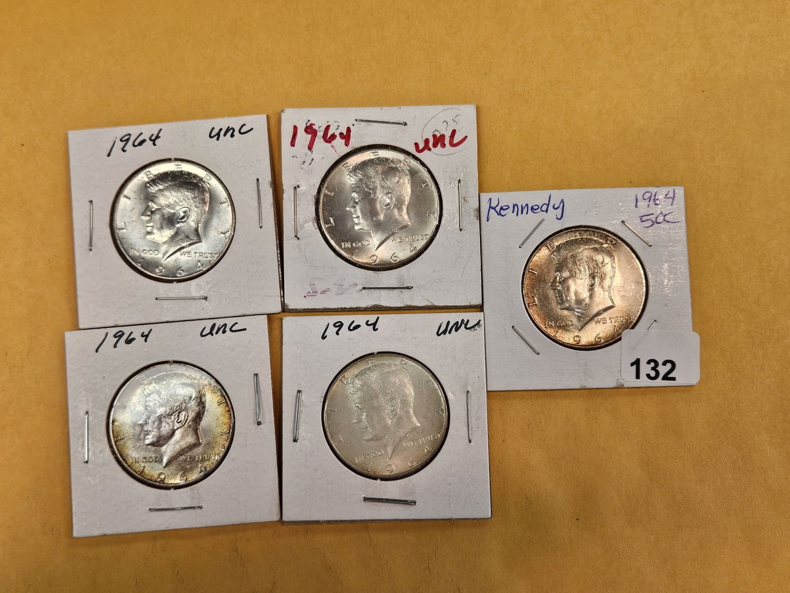 Five Brilliant Uncirculated 1964 Kennedy silver Half Dollars: All 90% silvers 