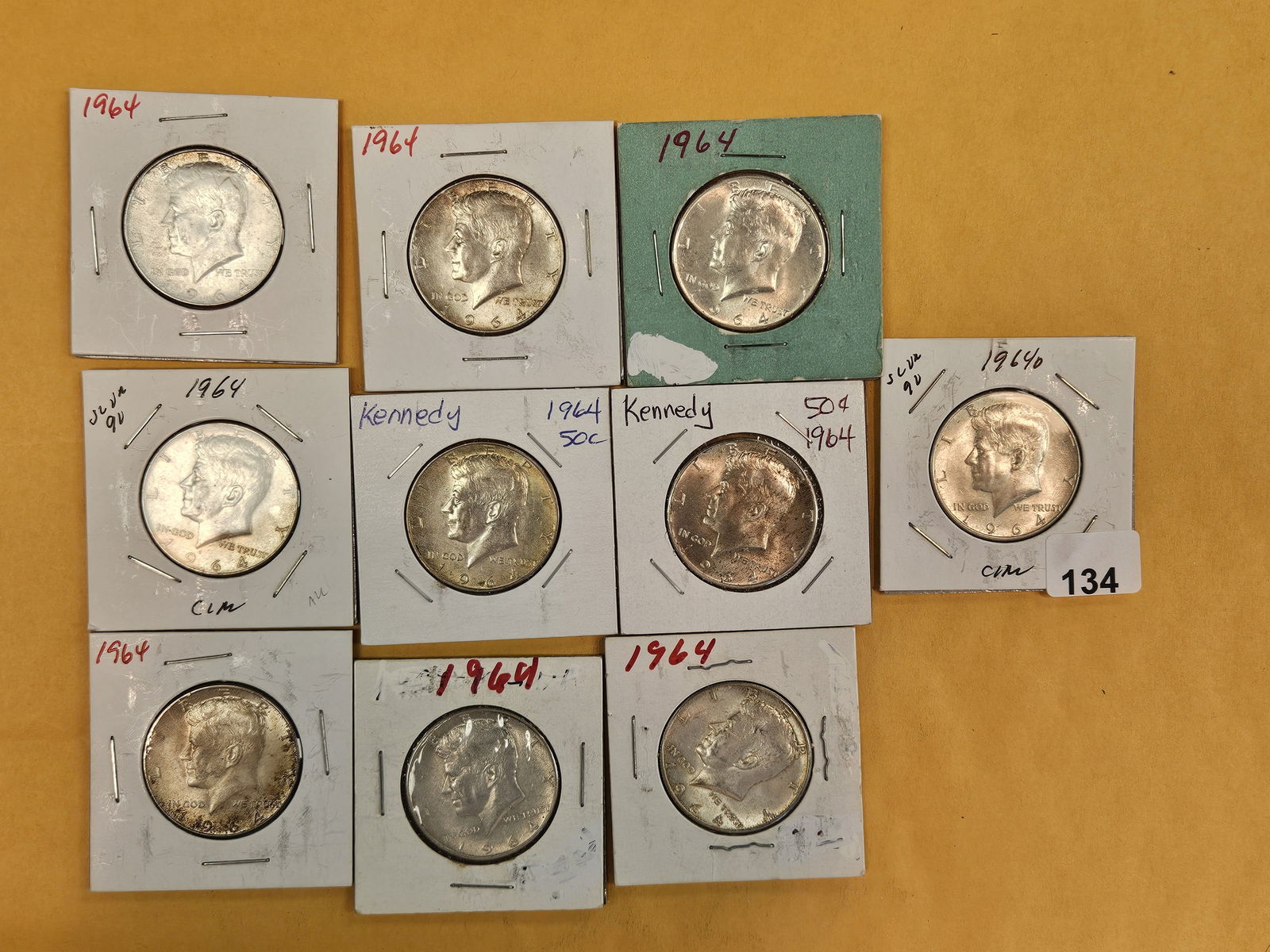 Ten Brilliant 1964 Kennedy silver Half Dollars: All 90% silvers. AU and BU 