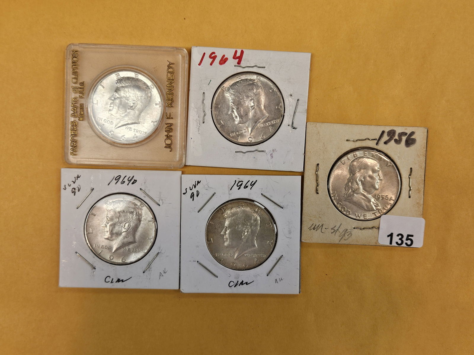 Five mixed Silver Half Dollars: Kennedy and Franklin 