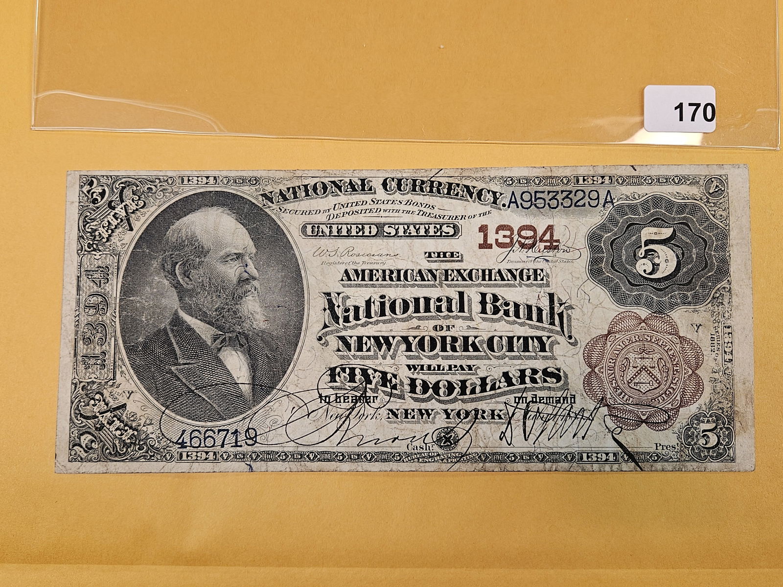 ** Scarce ** Series of 1882 Large Size Five Dollar National Currency!: The American Exchange National Bank of New York City. Amazing color for an roughly 150 year old note! Tough piece. Books nearly $1,000! 