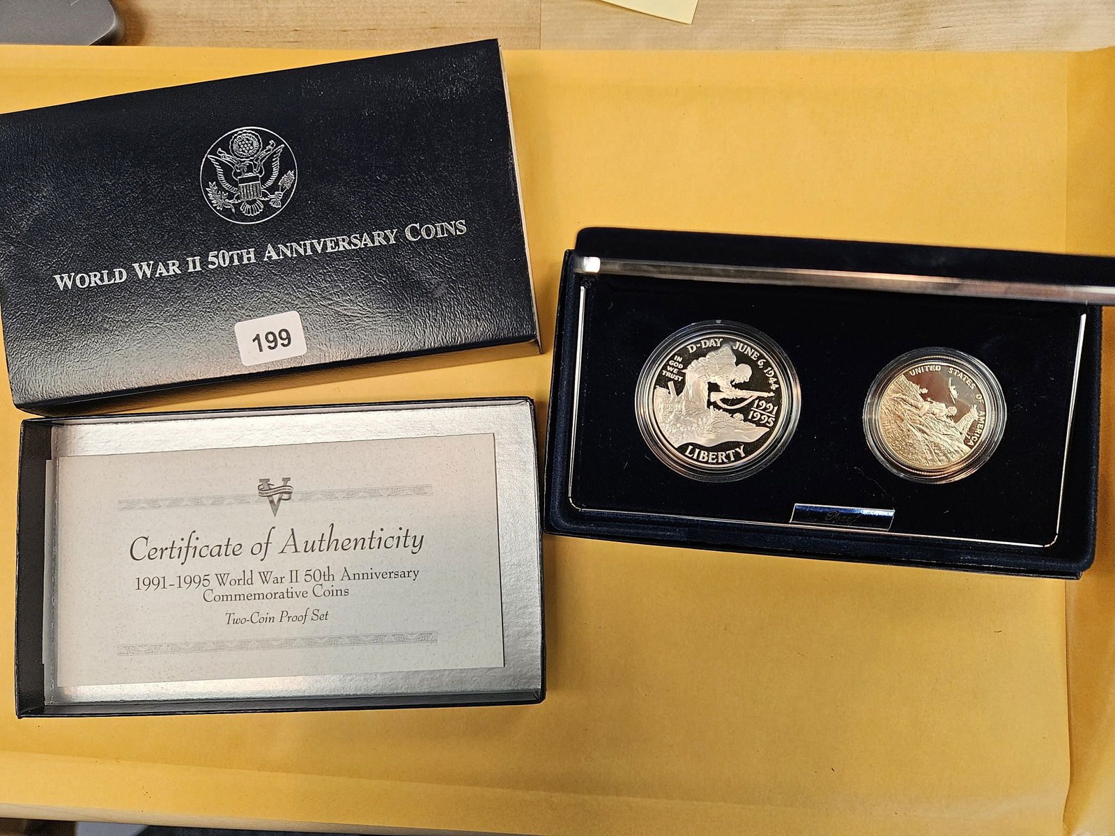 GEM Proof Deep Cameo 1991-1995 WWII 2-Coin US Proof Set: Silver Dollar and Clad Half. In OGP with COA 
