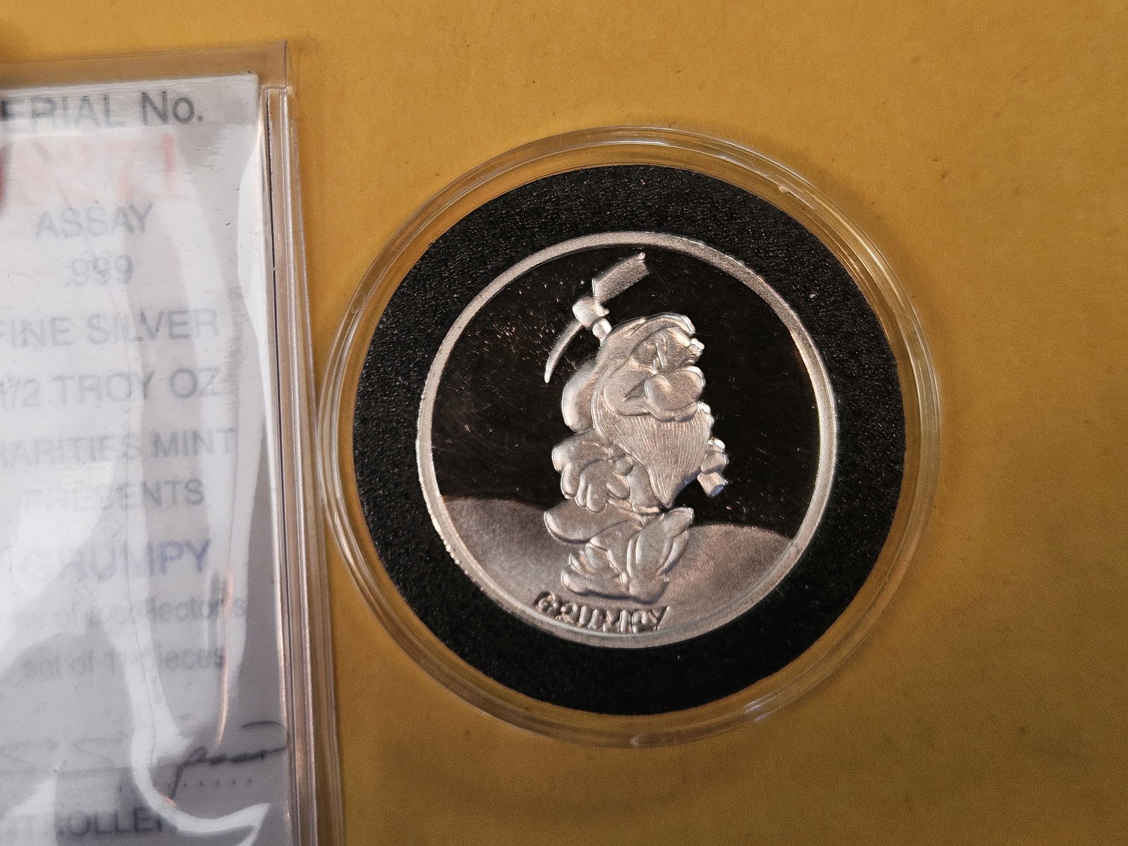 DISNEY SILVER!: One Half-Troy ounce .999 fine proof silver art round. GRUMPY