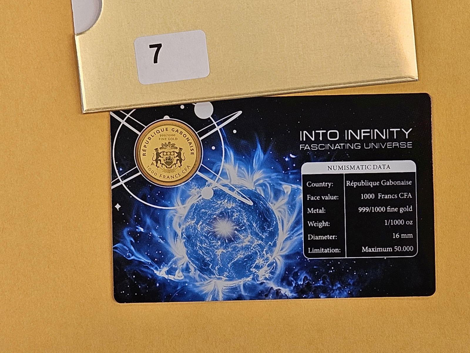 GOLD! GEM Republique Gabonaise 1000 francs CFA: In original Assay card holder with sleeve 