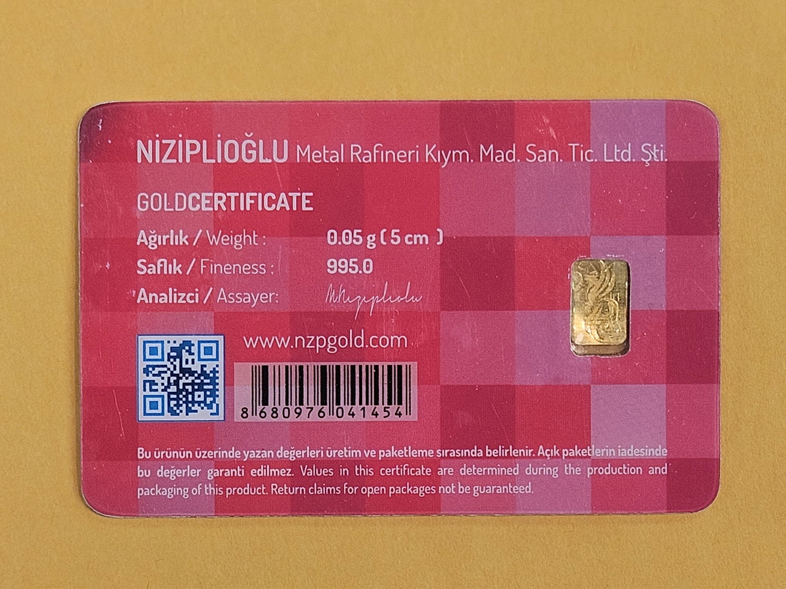 GOLD! NZP Turkey .995 fine gold bar in Assay Holder - 3