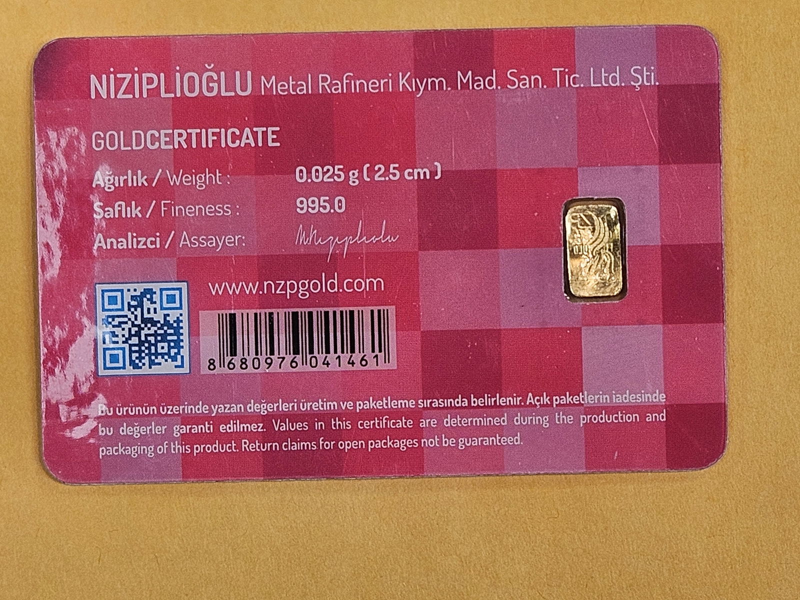 GOLD! NZP Turkey .995 fine gold bar in Assay Holder - 3