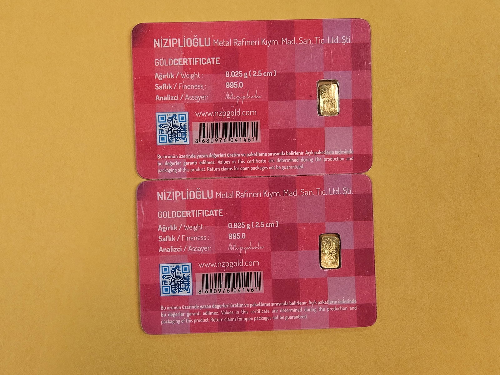 GOLD! Two NZP Turkey .995 fine gold bars in Assay Holders - 3