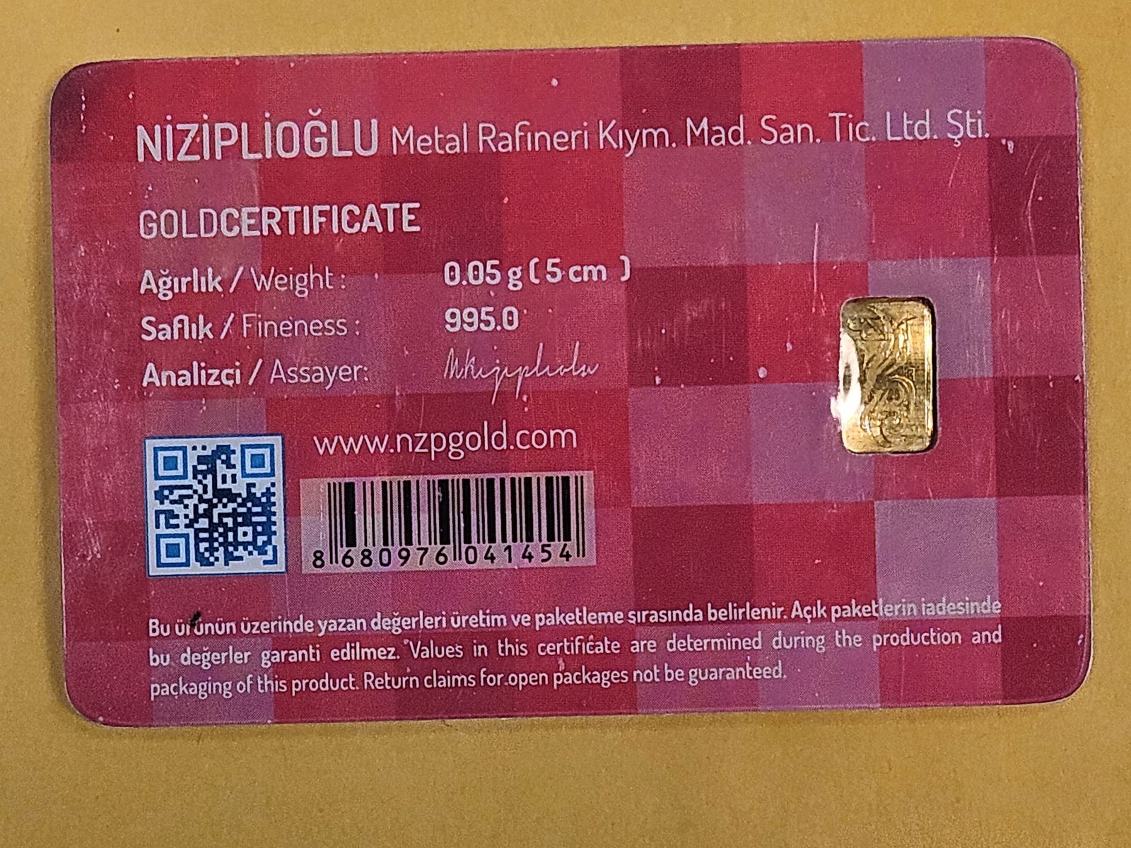 GOLD! NZP Turkey .995 fine gold bar in Assay Holder - 3