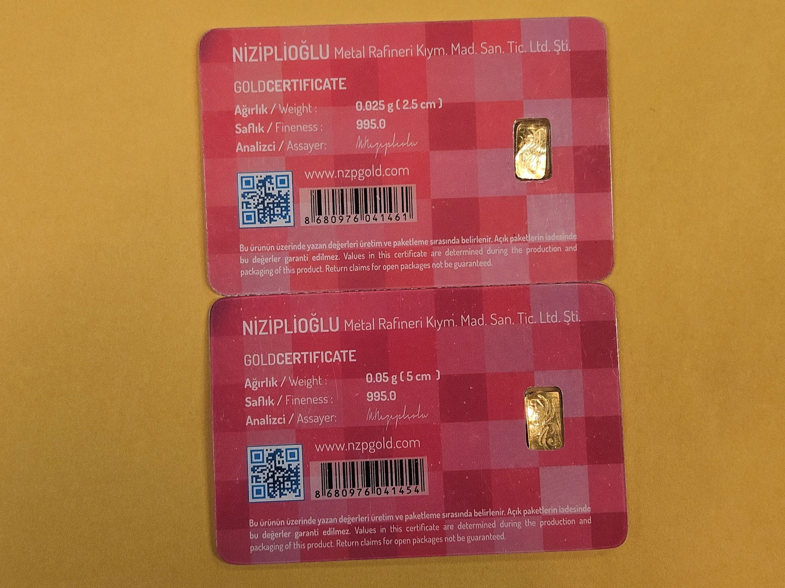 GOLD! Two NZP Turkey .995 fine gold bars in Assay Holders - 2