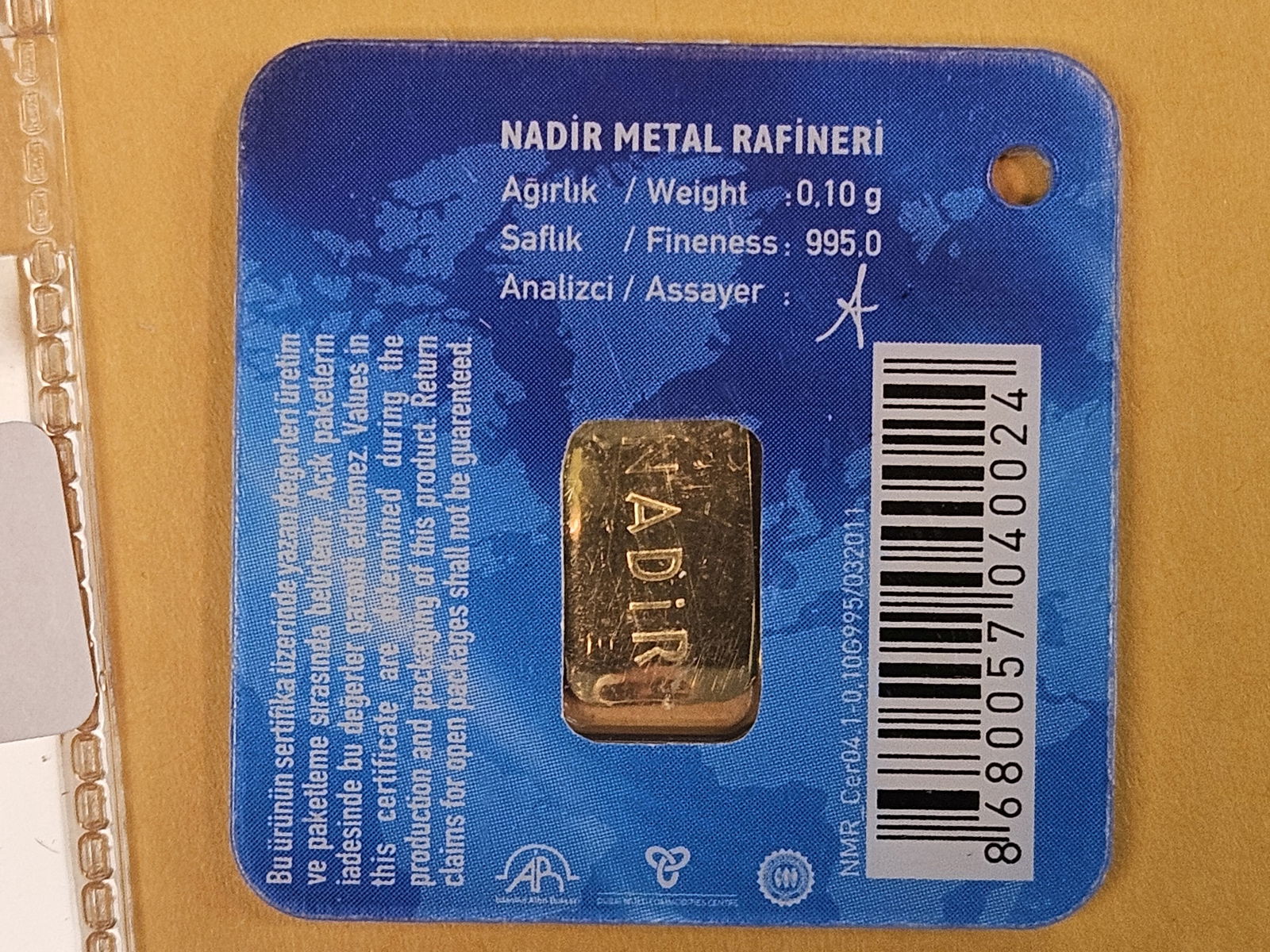 GOLD! NADIR Gold .995 Gold bar in Assay Holder - 3