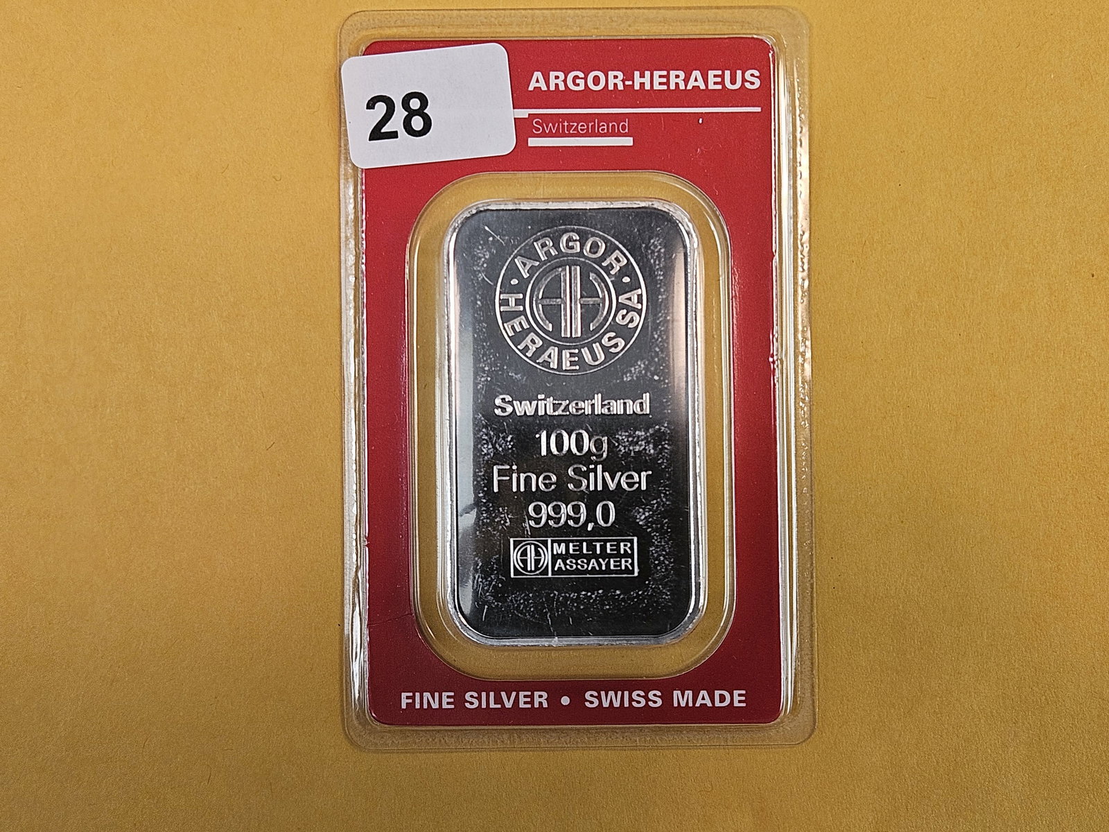 SILVER! Argor-Heraeus ONE HUNDRED Gram .999 fine silver bar: In original Assay card holder