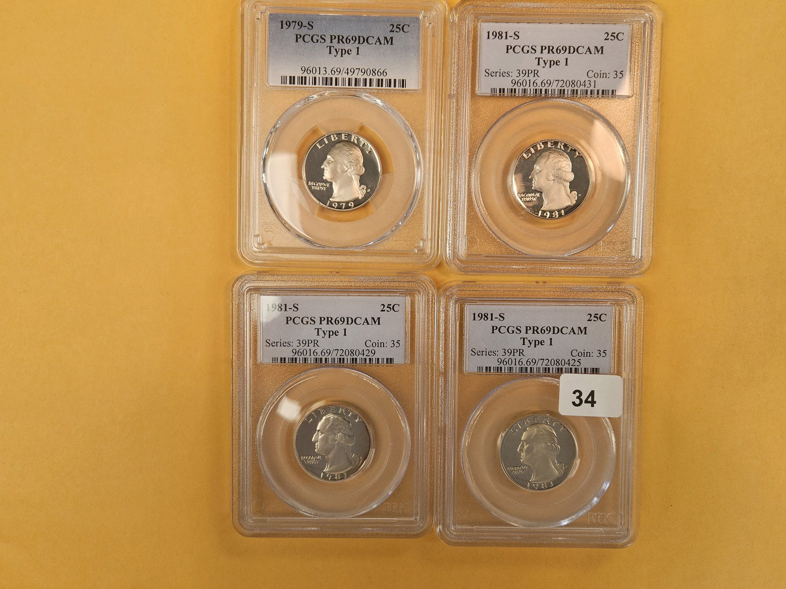 Four PCGS-graded Proof 69 Deep Cameo Type 1 Washington Quarters: 1979-S and 1981-S 