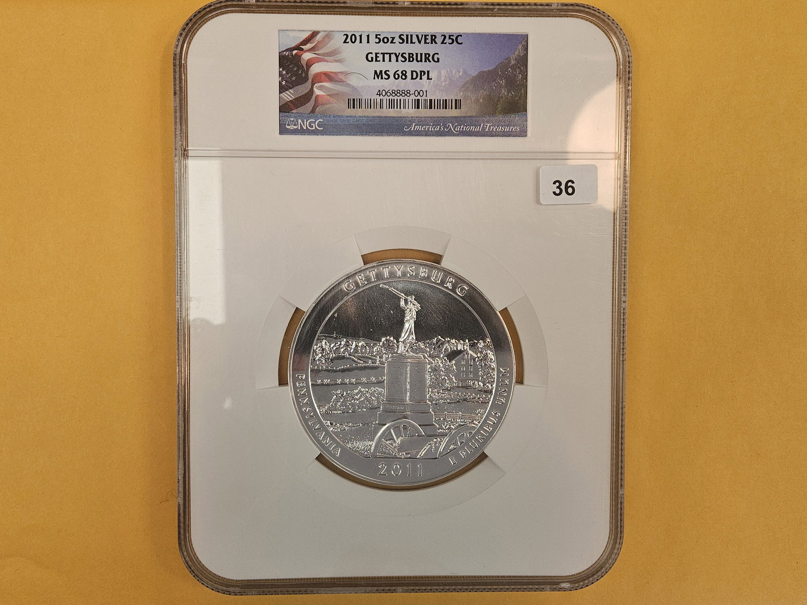 LARGE-SIZE QUARTER! NGC 2011 FIVE OUNCE SILVER Washington Quarter: Graded in Mint State 68 Deep Prooflike. Five Troy ounce .999 fine silver quarter 