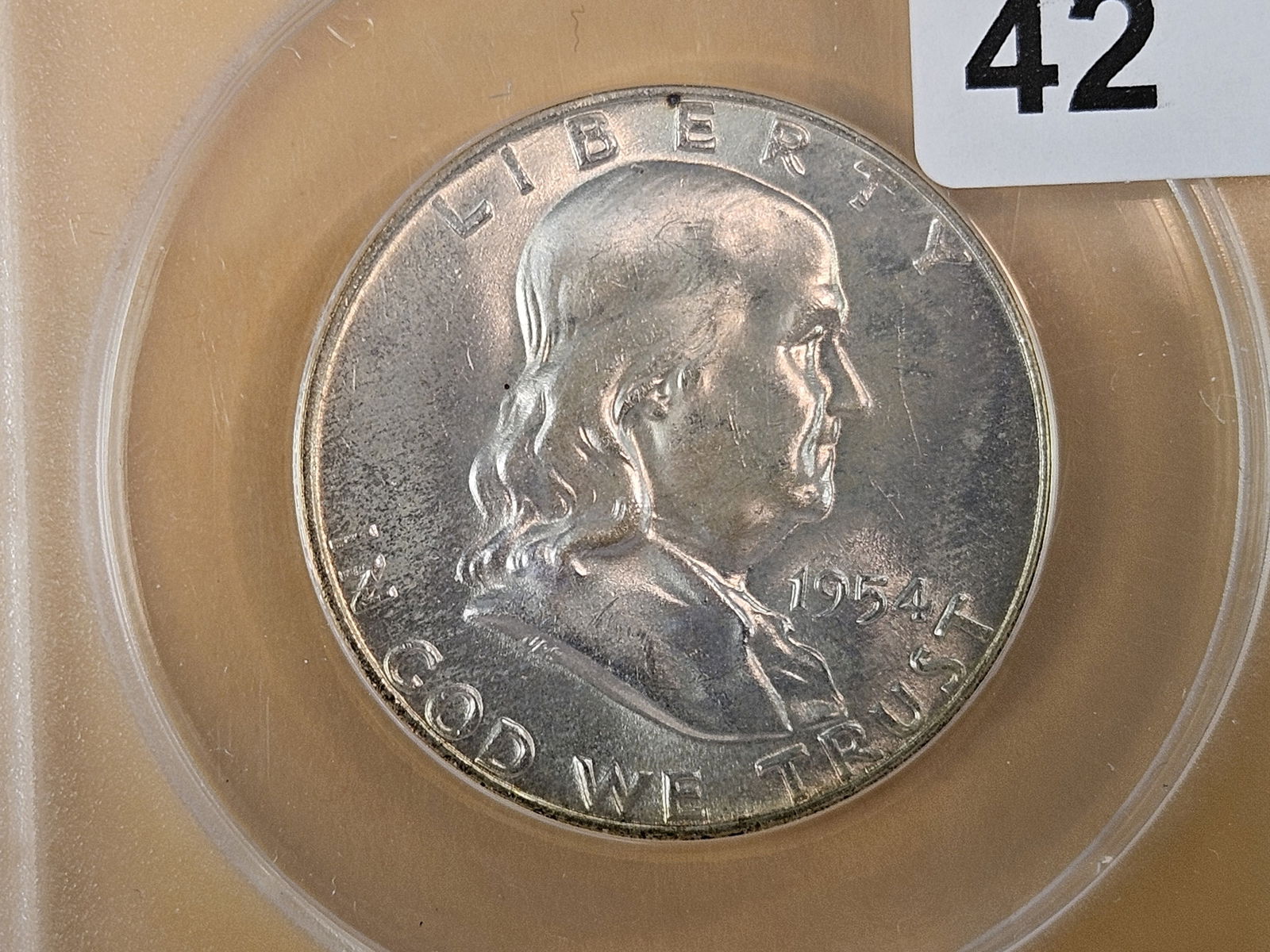 GEM! ANACS 1954-D Franklin silver Half Dollar in Mint State 65 FBL: Full Bell Lines 