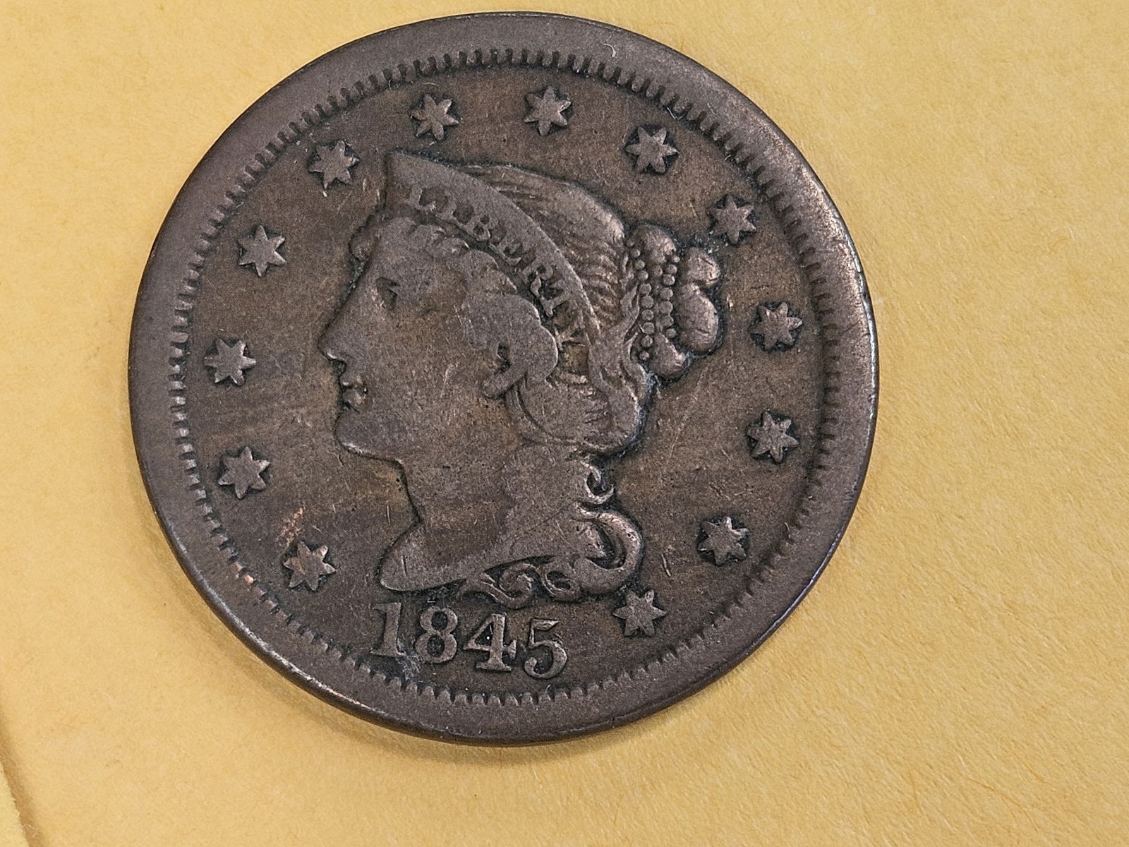 1845 Braided Hair Large Cent in Very Fine: On a nice copper planchet