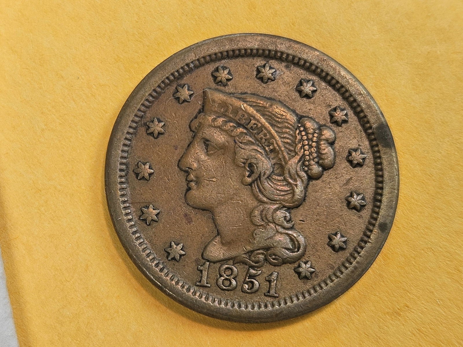 1851 Braided Hair Large Cent in Very Fine plus: N-23. R-4. Nice color