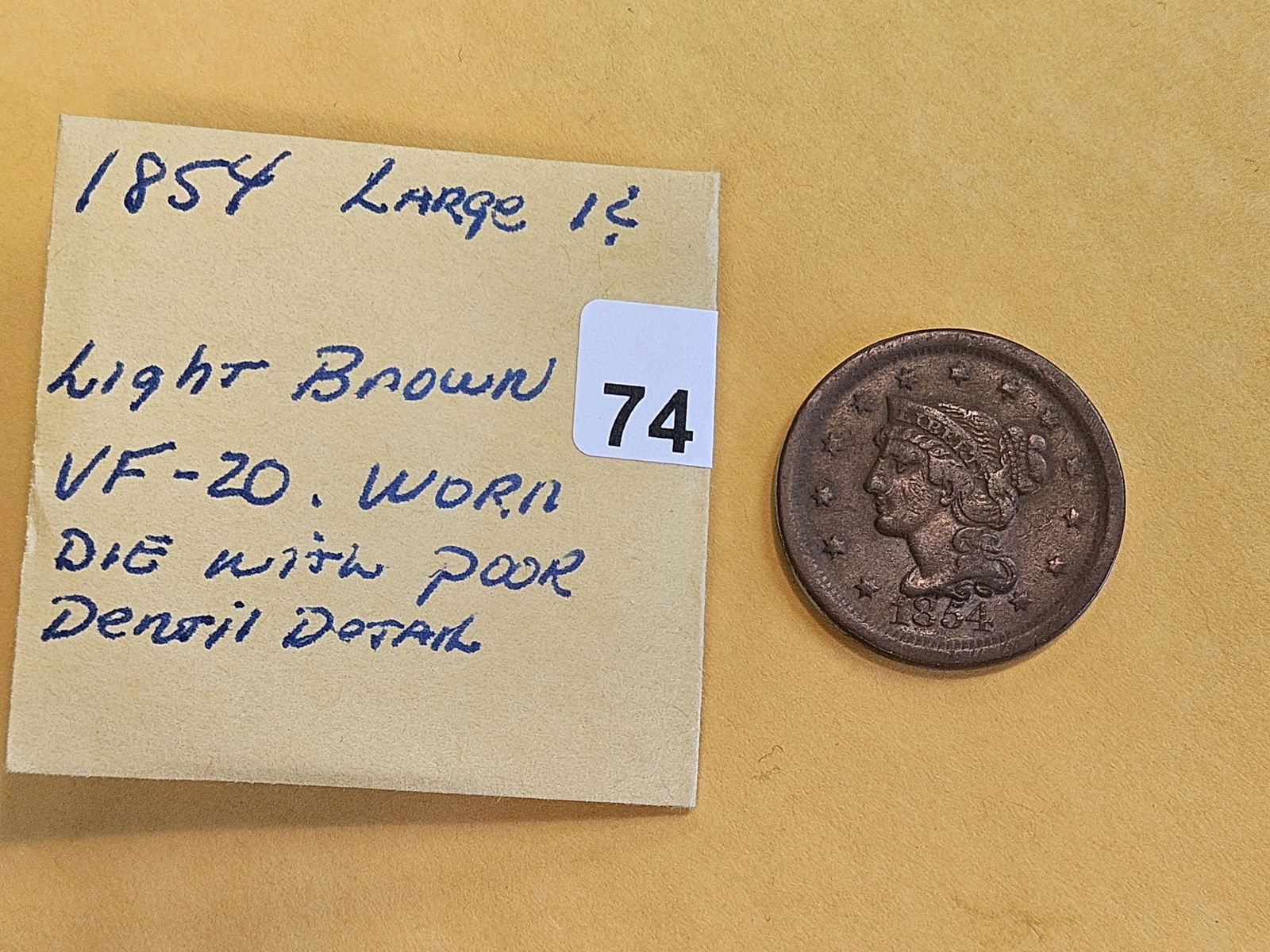 1854 Braided Hair Large Cent in Very Fine - 2